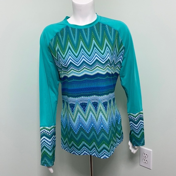 PrAna green geometric long sleeve mesh workout shirt size large - Picture 1 of 7